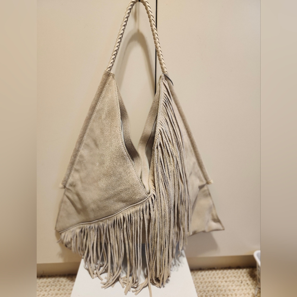 Vince Camuto Cream Suede Fringe Hobo Bag